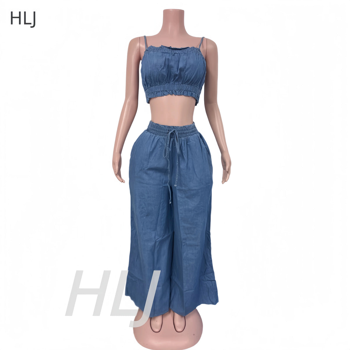 Ruched Spaghetti Strap Denim Two Piece Set for Women