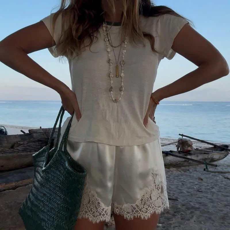 Women Lace Patchwork Satin Shorts Chic Loose Soild Wide Legs Elastic Short 2025 New Y2k Lady All Much Casual Street Outfits