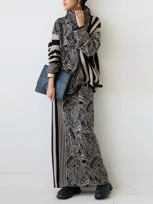 Gymystars Casual Autumn Two Piece Set Elegant Loose Striped Pullovers Column Knitting Skirts Fashion Trend Winter Skirts Suits