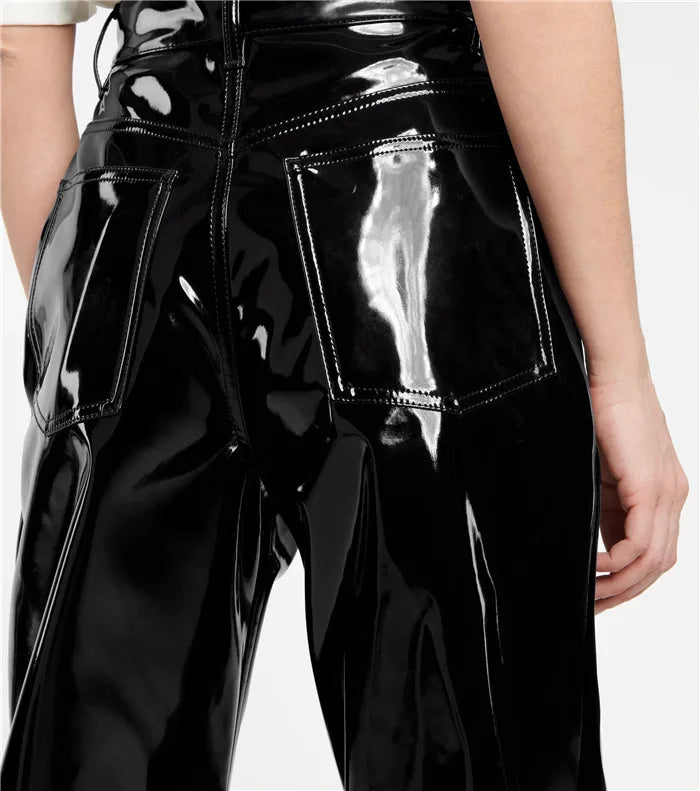 High Waisted Glossy Faux Leather Casual Pants For Women