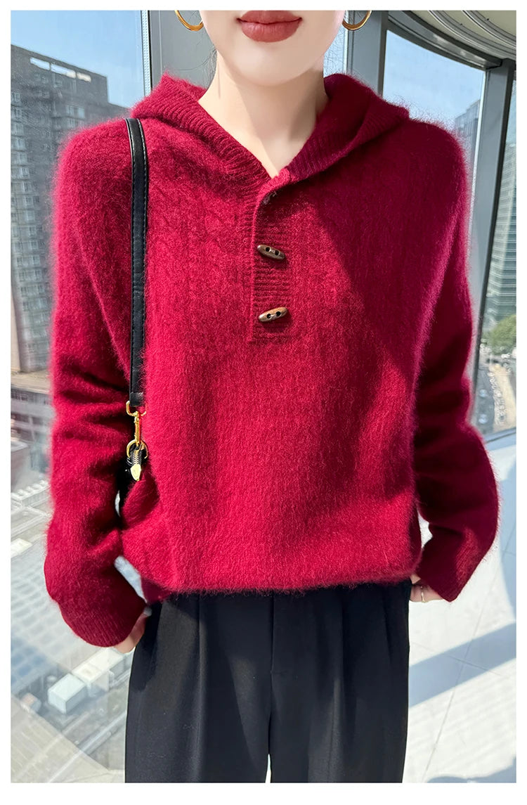 Chunky Knit Loose Hooded Pullover Sweater for Women