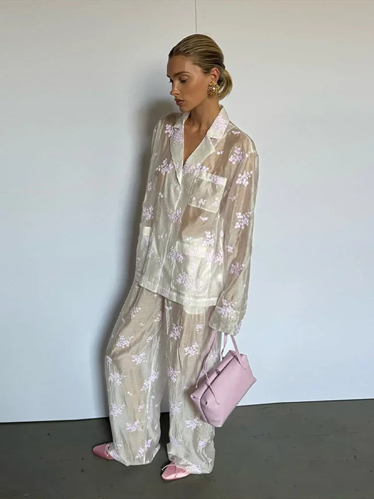 Sheer Casual Shirt and Wide Leg Pants Set for Women