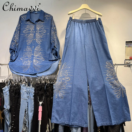 Heavy Industry Hot Diamond Temperament Pants Set 2025 Summer New Fashion Loose Shirt Top Wide Leg Pants Women's Two-piece Set
