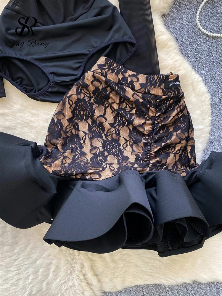 Floral Lace Mesh Bodysuit and Ruffle Mini Skirt Set for Women
