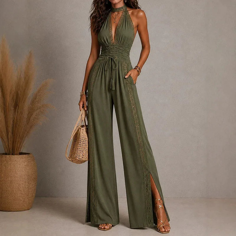 Sleeveless Halter Neck Ruched Wide Leg Jumpsuit for Women