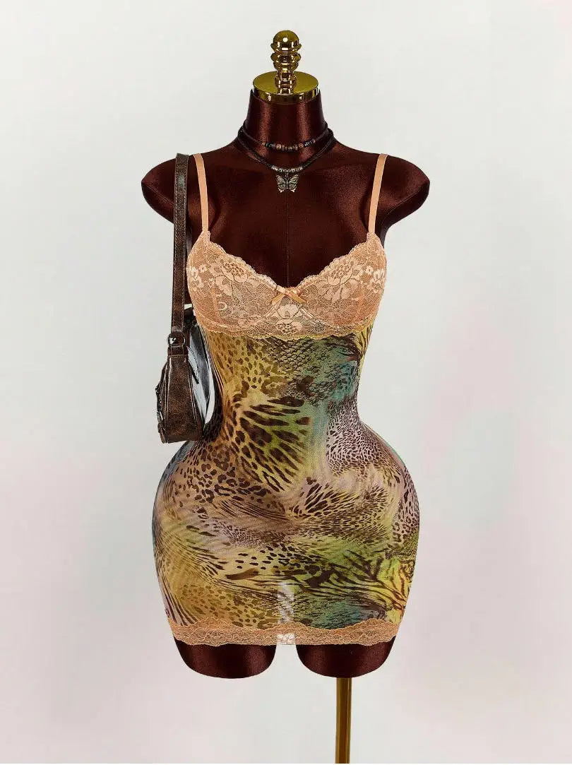 Leopard Print Lace Spaghetti Strap Bodycon Dress for Women