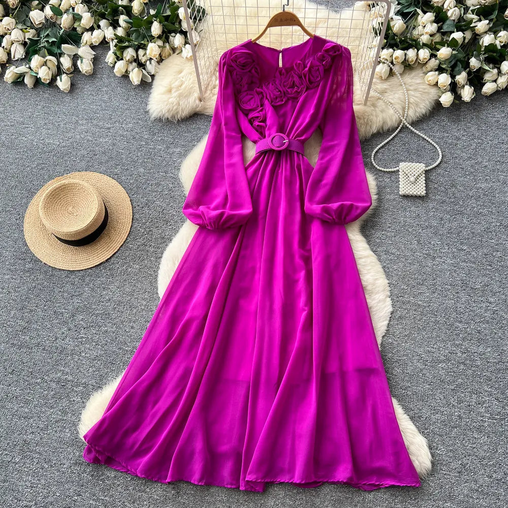 Floral Lace V Neck Long Sleeve A Line Midi Dress for Women