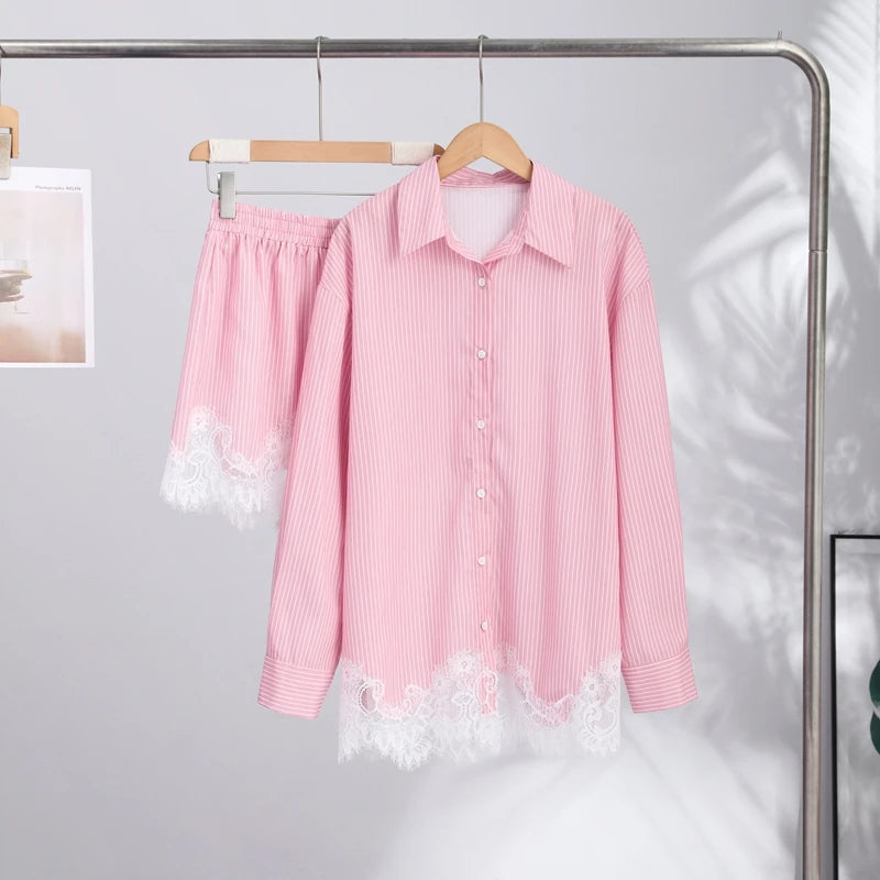 Casual Lace Patchwork Shirt and Shorts Set for Women