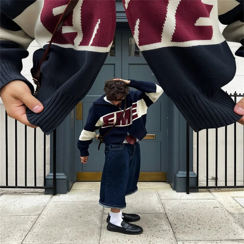 Letter Women 's Sweater Stand Collar Y2k Knit Sweaters For Woman Zipper Full Sleeve Tops Female 2025 Winter Men Jacket Knitwear