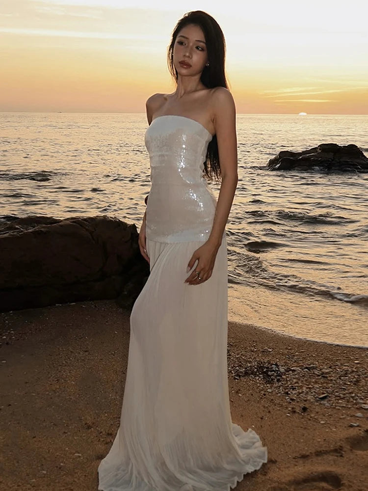 SIsterlinda Fashion Chic Sequin Dress Women Sexy Sleeveless Patchwork Zipper Beach Vacation Birthday Party Club Stretch Bodycon