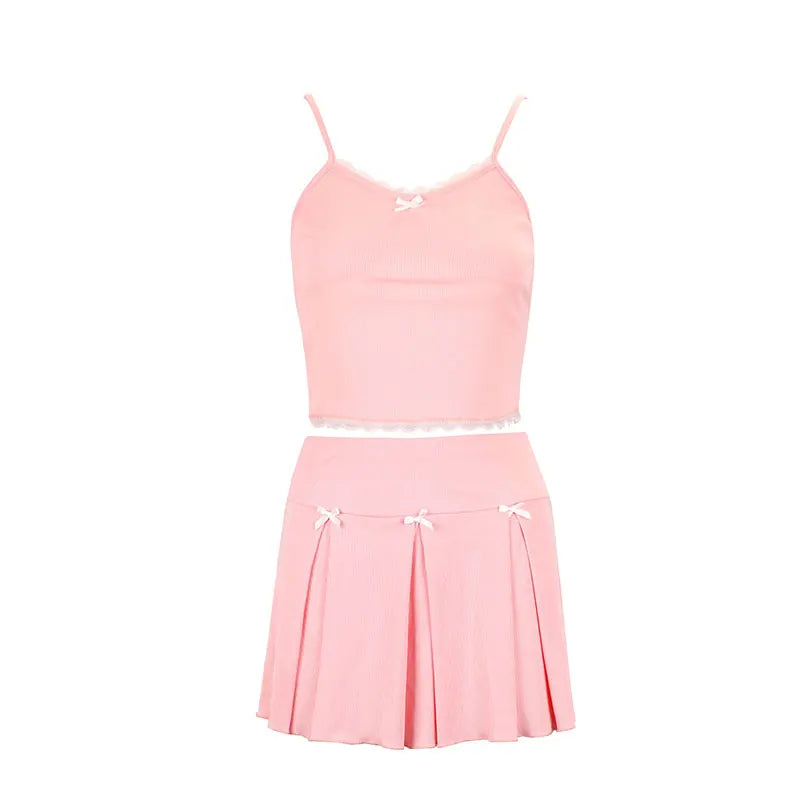 Bow Pleated Two-Piece Skirt Set