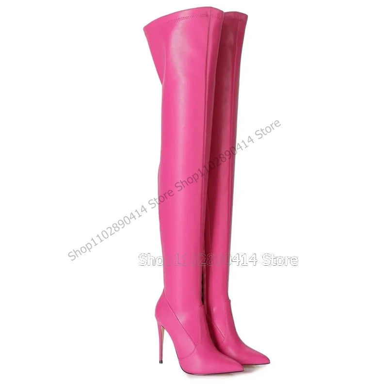 Rose Red Pointed Toe Side Zipper Thigh High Heel Boots for Women