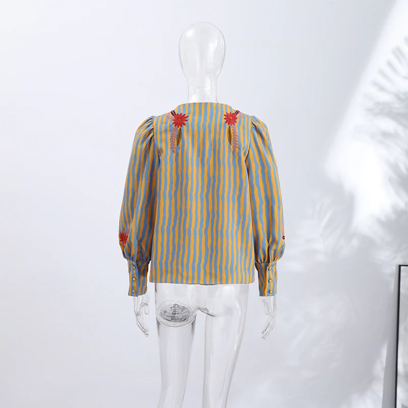 Elegant Striped Embroidered Open Stitch Jacket for Women