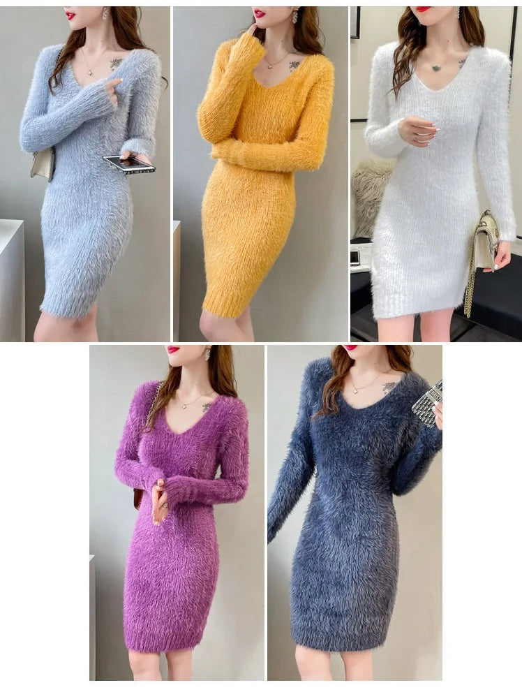 Cozy Faux Mink Knit Sweater Dress
