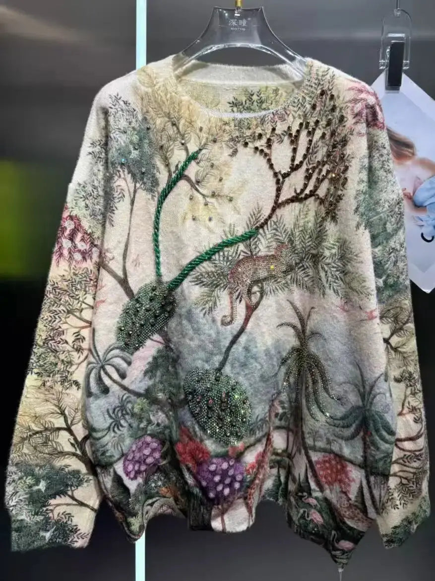 Crystal Embroidered Cozy Loose Knit Sweater for Women
