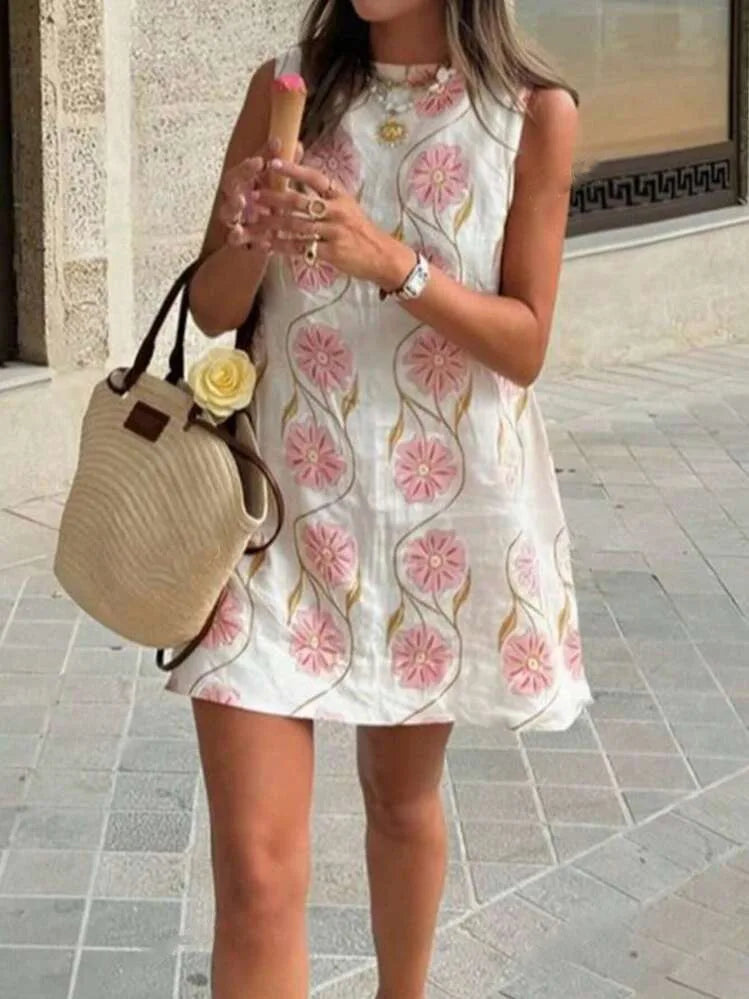 Floral Print Sleeveless Round Neck Mini Dress With Back Keyhole for Women