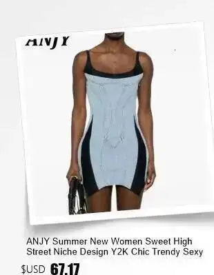 ANJY Summer New Women's Tide High Street Y2K Chic Trendy Sleeveless Halter Neck Backless Waist Cinching Zipper Denim Dress A8053