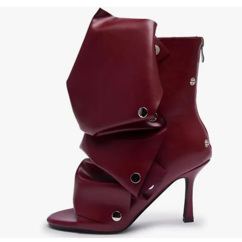Mid-Calf Open Toe High Heel Pleated Boots for Women