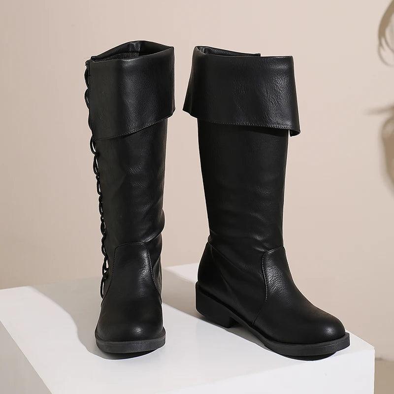 Retro Cross-Tied Flat Mid-Calf Costume Boots for Women