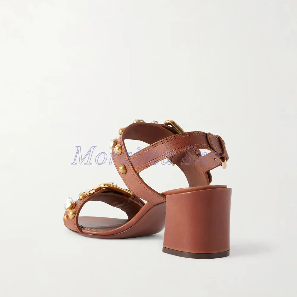 Crystal Embellished Gold Buckle Chunky Heel Sandals For Women