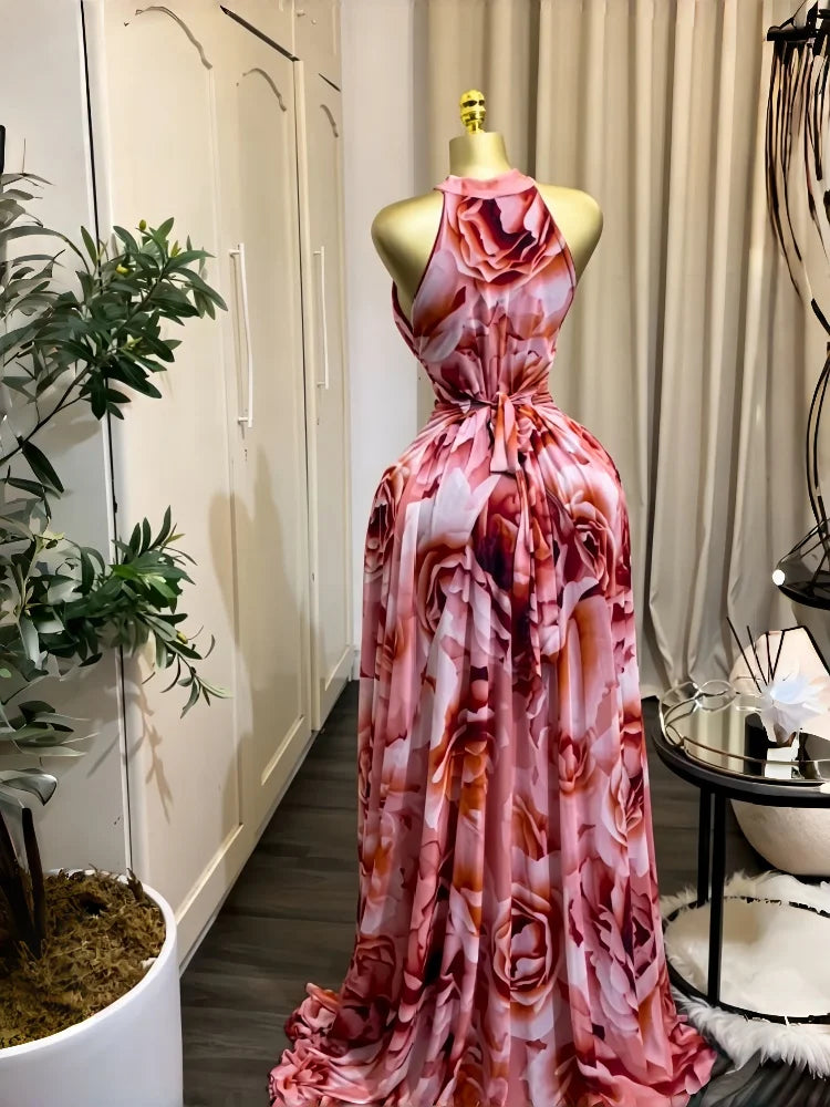 Elegant Printed Sleeveless With Sashes Maxi Dress for Women