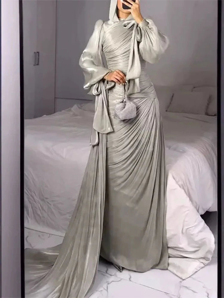 Lantern Sleeve Pleated Maxi With Lace Up O Neck Dress for Women