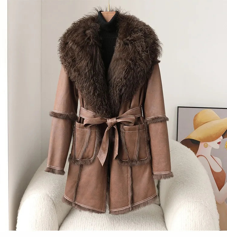 JT459 Whole Skin Rabbit Fur Warm Coat Female Sheep Curly Hair Collar Winter Young Mid-length Jacket