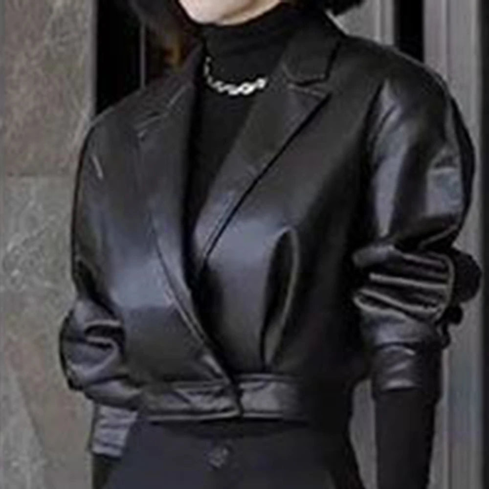 Trendy Faux Leather Blazer And Flared Pants Set For Women