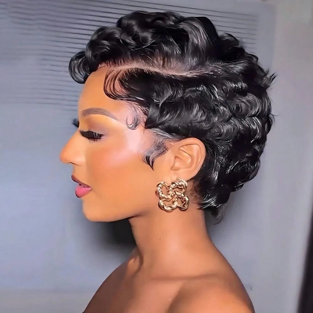 Short Pixie Cut Layered Curly Human Hair Wig for Women
