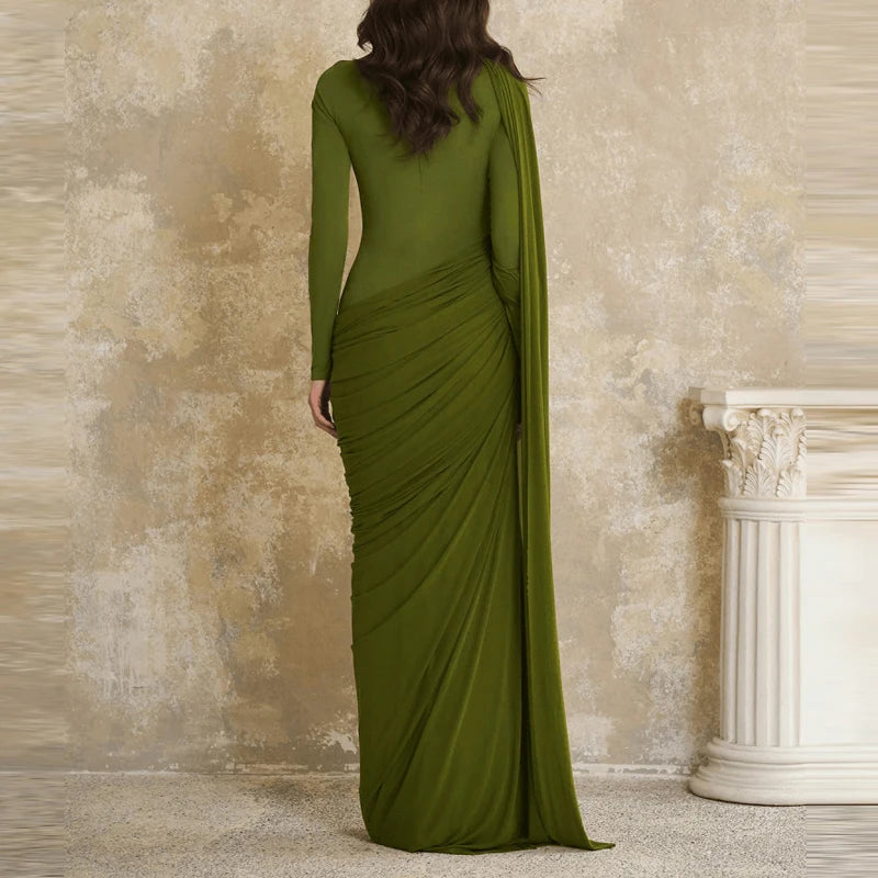 Women's Casual Long Sleeve Ribbon Gowns Elegant Round Neck Slim Evening Dress 2026 Fashion Pleated Design Solid Color Long Dress