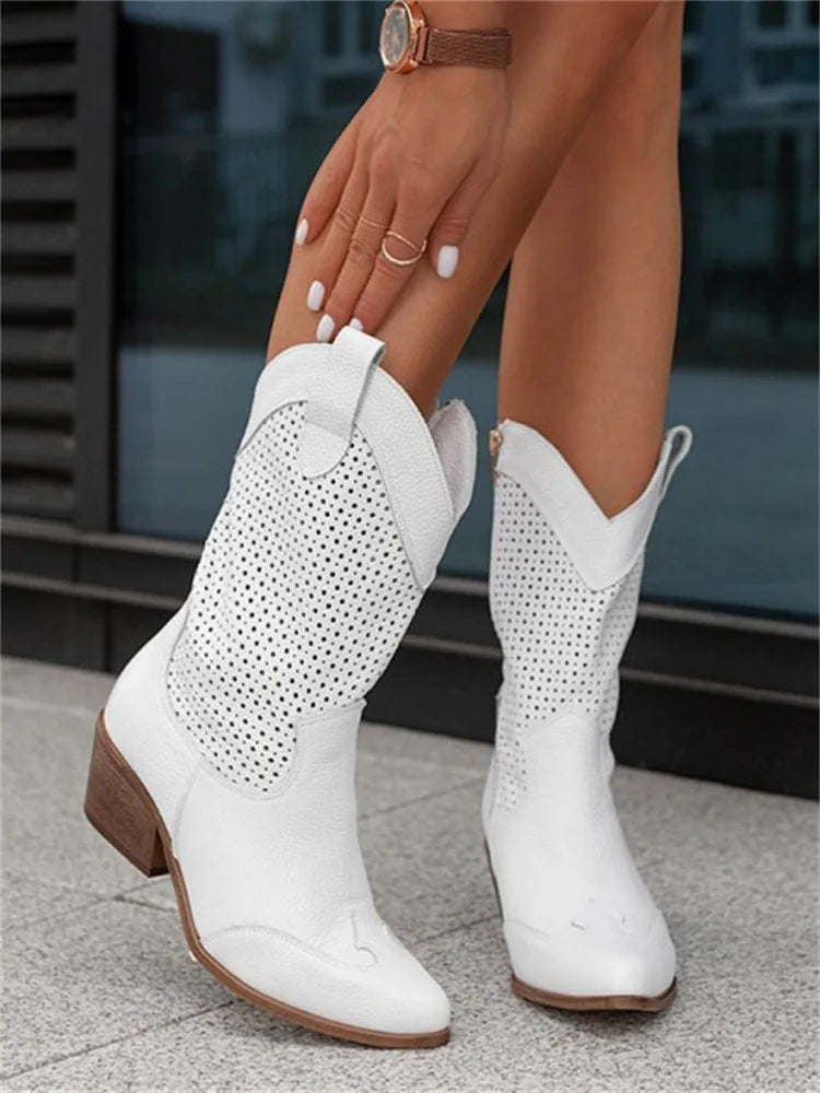 Floral Print Suede Round Toe Med Wedge Boot for Women