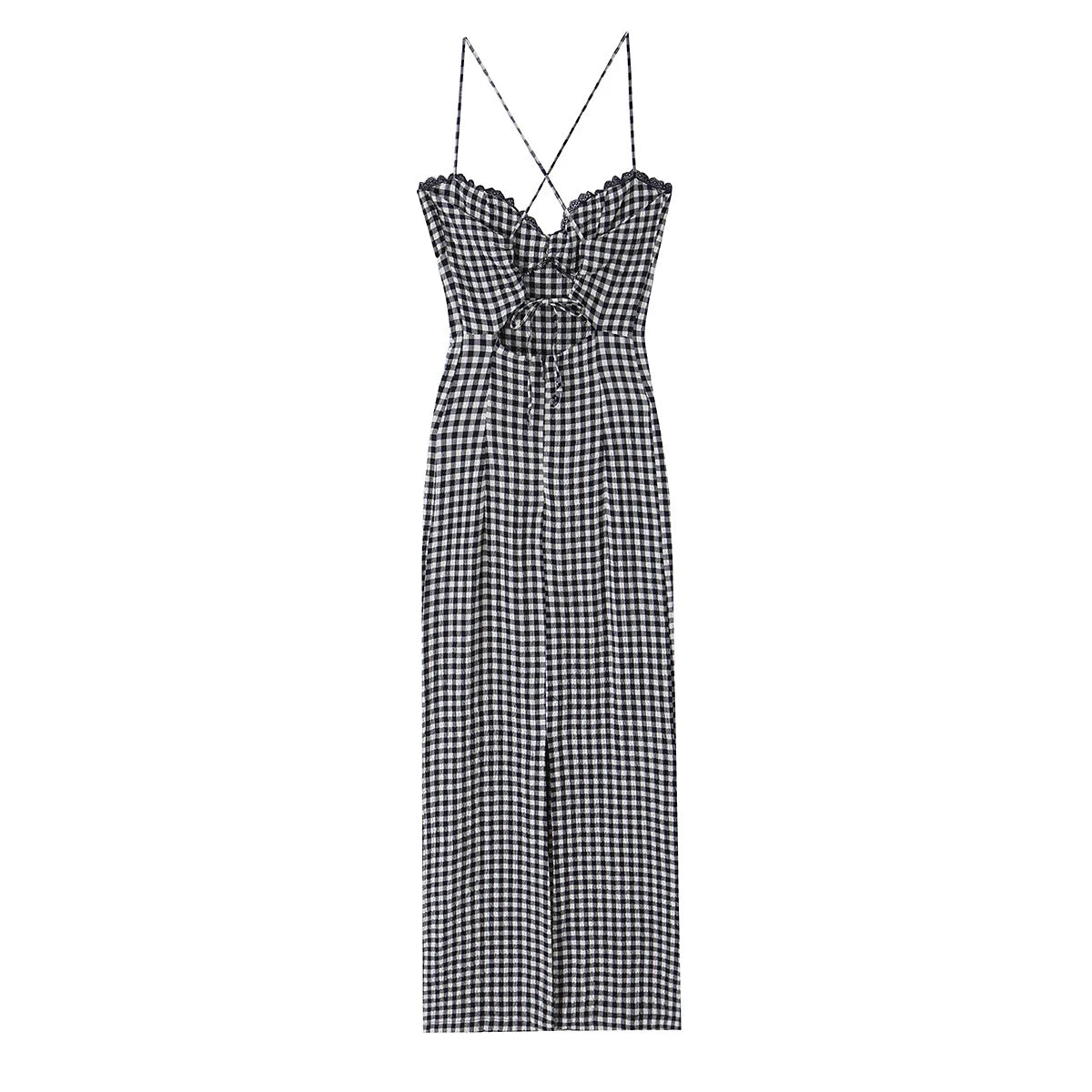 Gingham Lace Trim Spaghetti Strap Midi Dress for Women