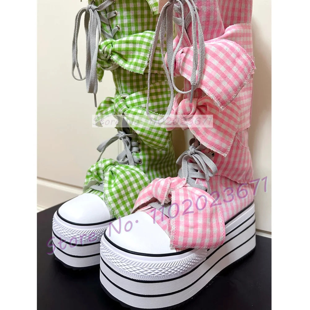 Bowknots Thick-sole Long Canvas Shoes Women Trendy Round Toe Cool Plaid Shoes Girl's Lolita Sweet Lace-up Platform Tall Boots