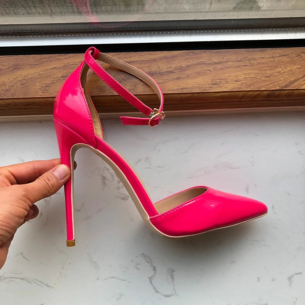 Rose Pink Patent Pointed Toe Ankle Strap Pumps for Women