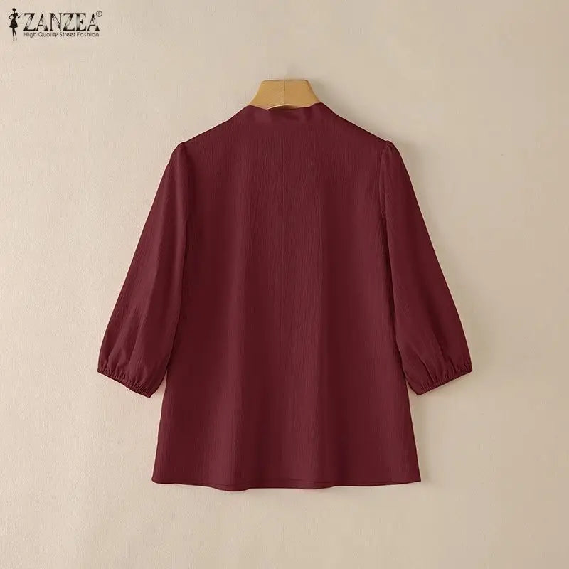 Crinkled Bow Tie Neck Puff Sleeve Blouse for Women