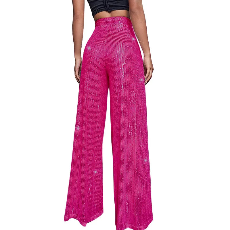 High Waist Sparkle Sequin Wide Leg Pants for Women