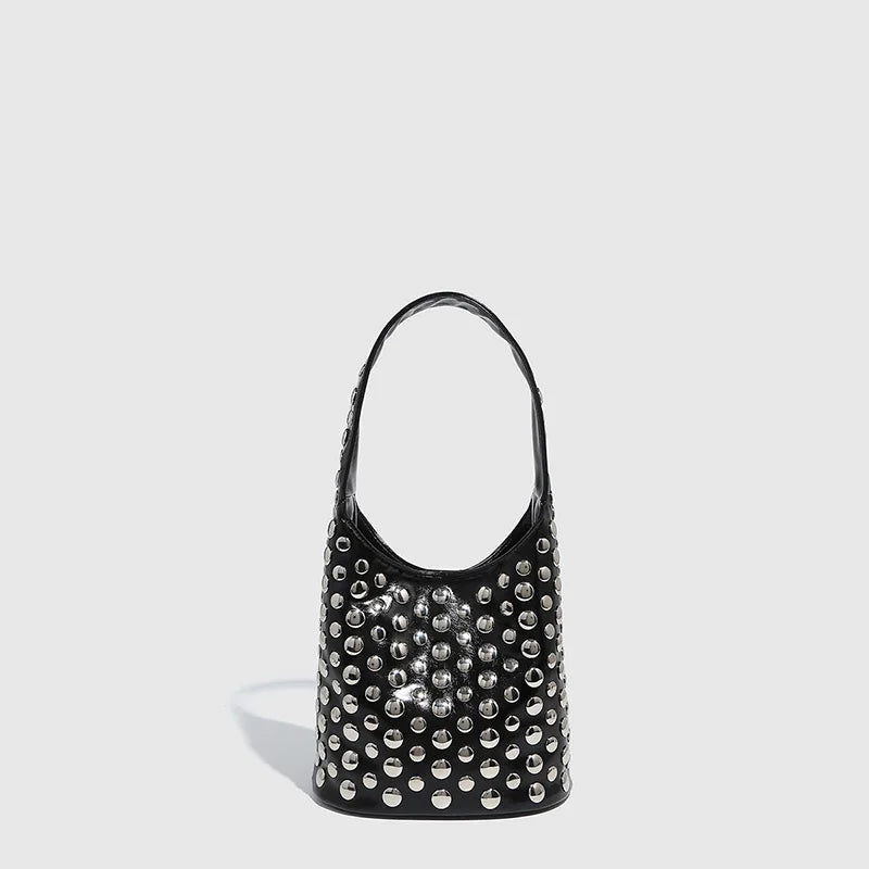 New Rivet Series Bucket Bag Motorcycle Texture Trendy Handbag Tortoise Shell Sequins Versatile Simple Fashion Soft Bag Lady Bag