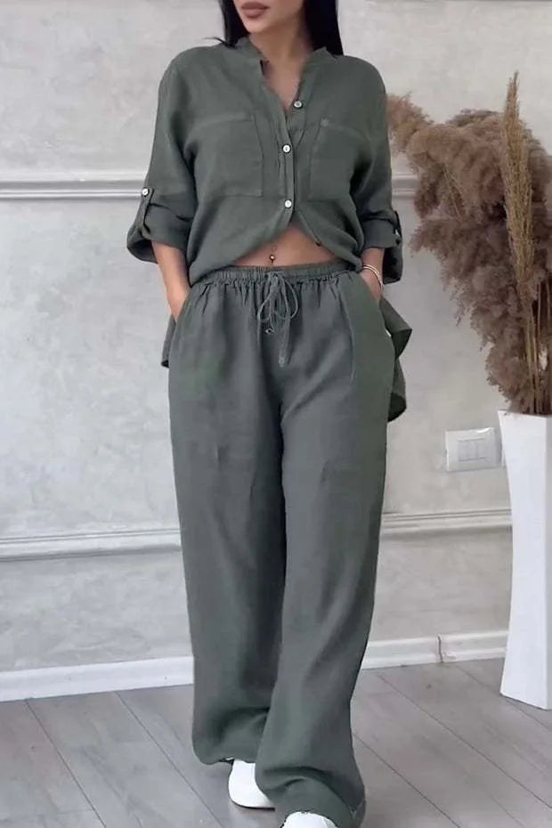 Loose Cotton Linen Shirt And Wide Leg Pants Set For Women