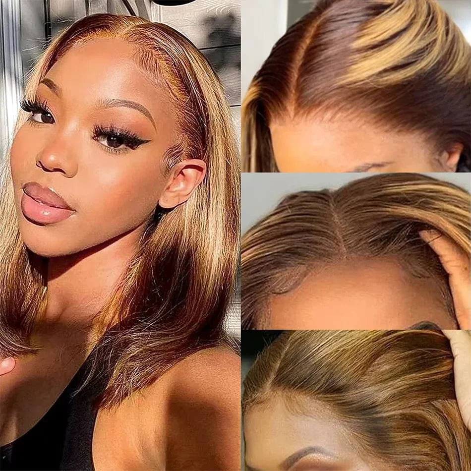 200% Density Short Bob Wigs Highlight Straight Lace Front Wigs Blonde 13x4 Transparent Lace Front Wig 100% Human Hair 427#16Inc