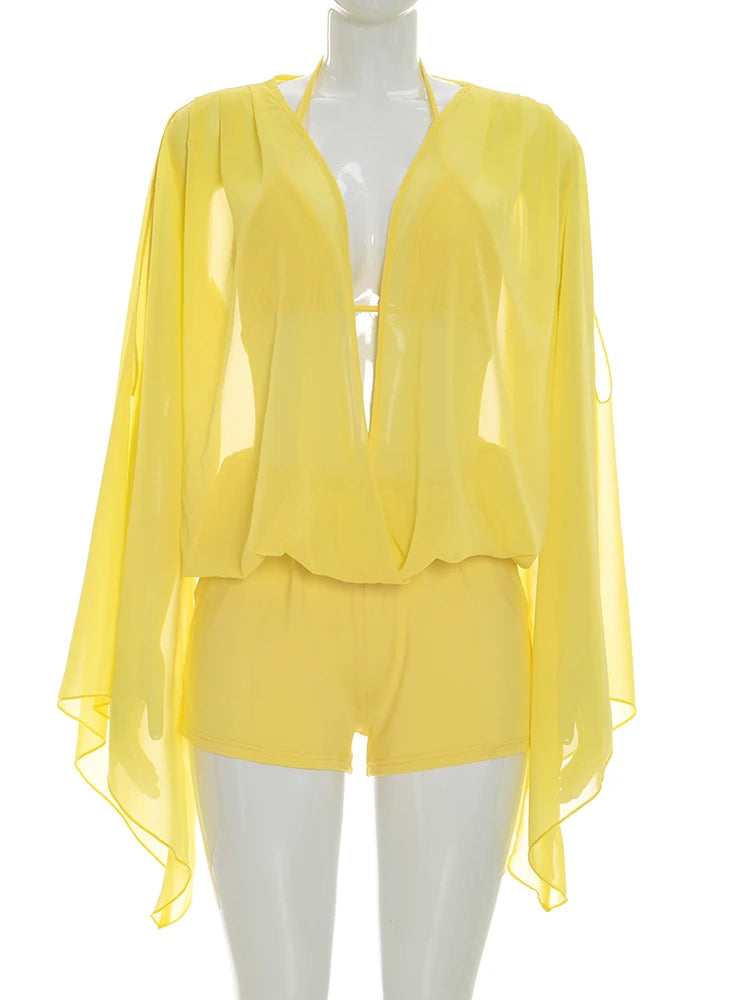 Ruched Elegant Three Piece Set With Halter Tops And Vneck Mesh Tops For Women