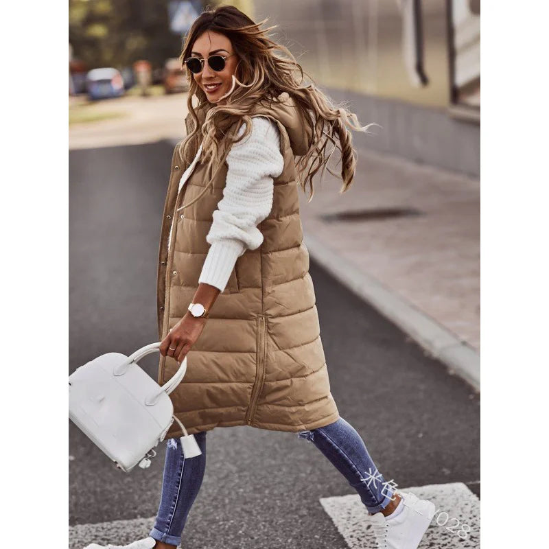 Warm Hooded Longline Sleeveless Vest Coat for Women