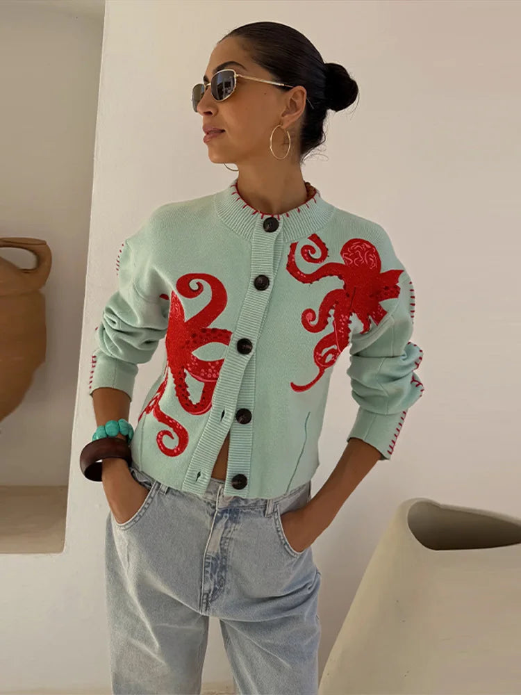 Elegant Knitted Octopus Jacquard Cardigan for Women