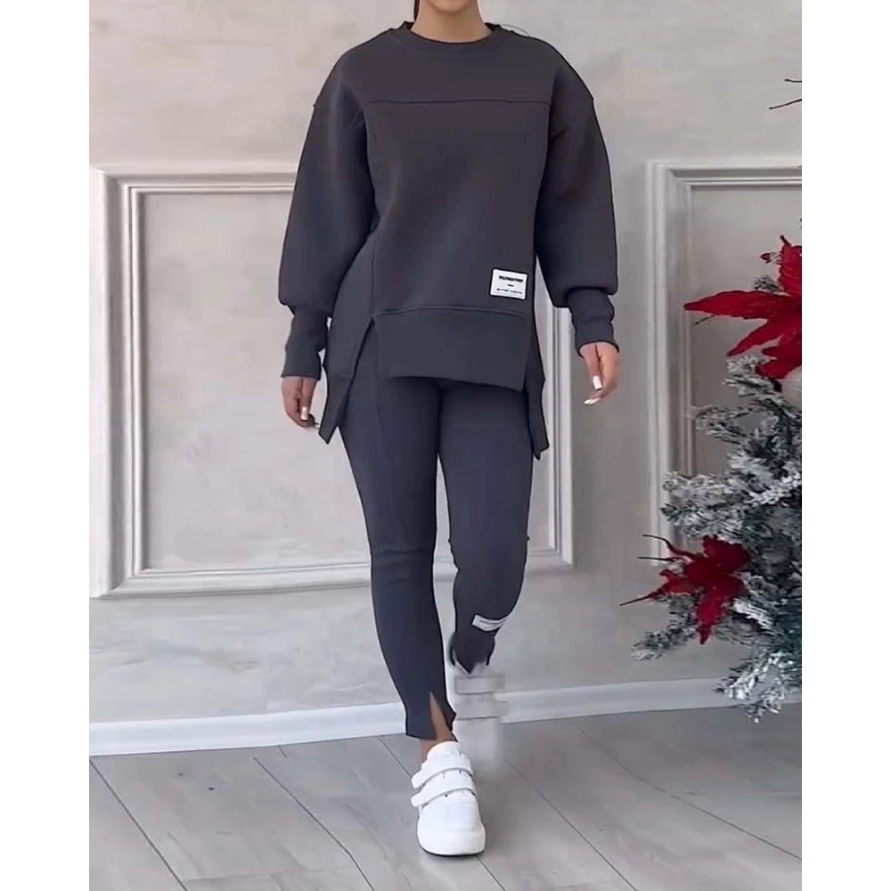 Sporty O-neck Long Sleeve Asymmetrical Sweatshirt & Skinny Pants Set Two Piece Outfits Tracksuit Sets Fall Clothing