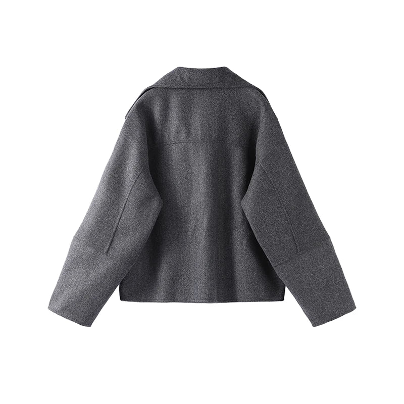 Solid Double Breasted Stand Collar Long Sleeve Overcoat for Women
