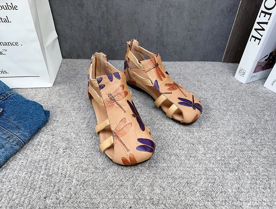Flat Printed Genuine Leather Roman Sandals for Women