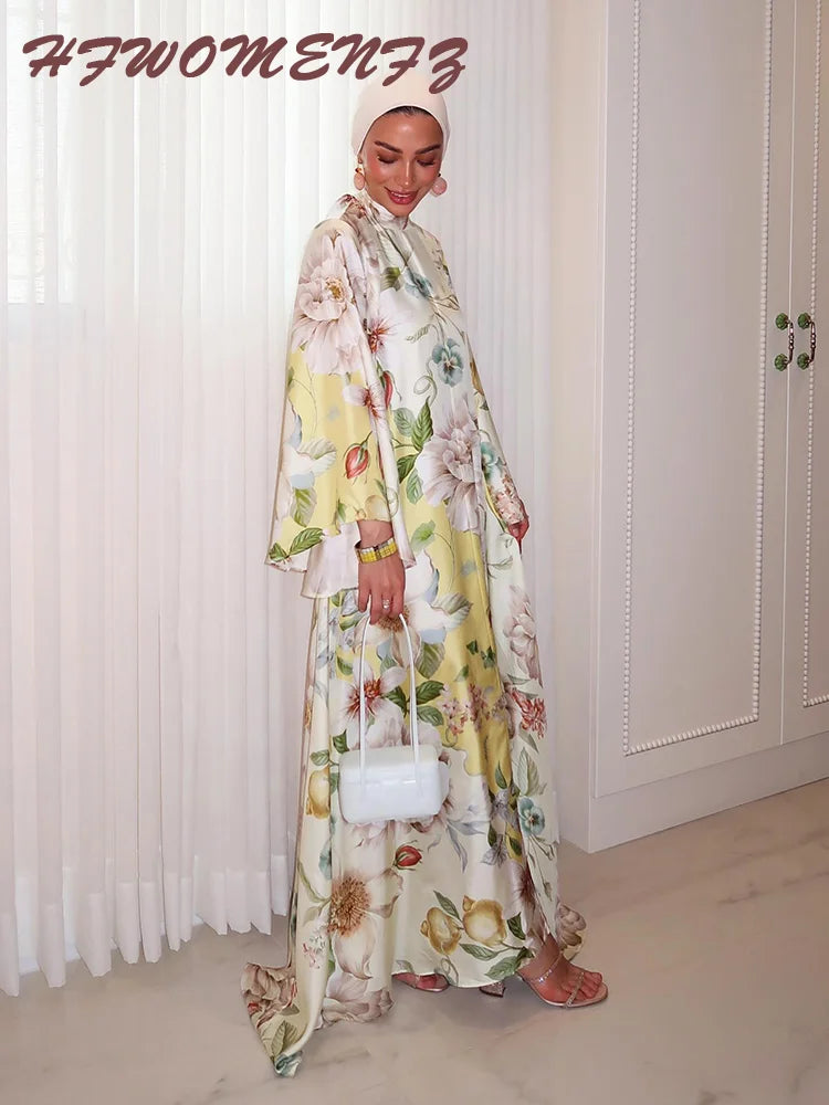 Elegant Print Dress with Stand Collar and Flare Sleeves for Women
