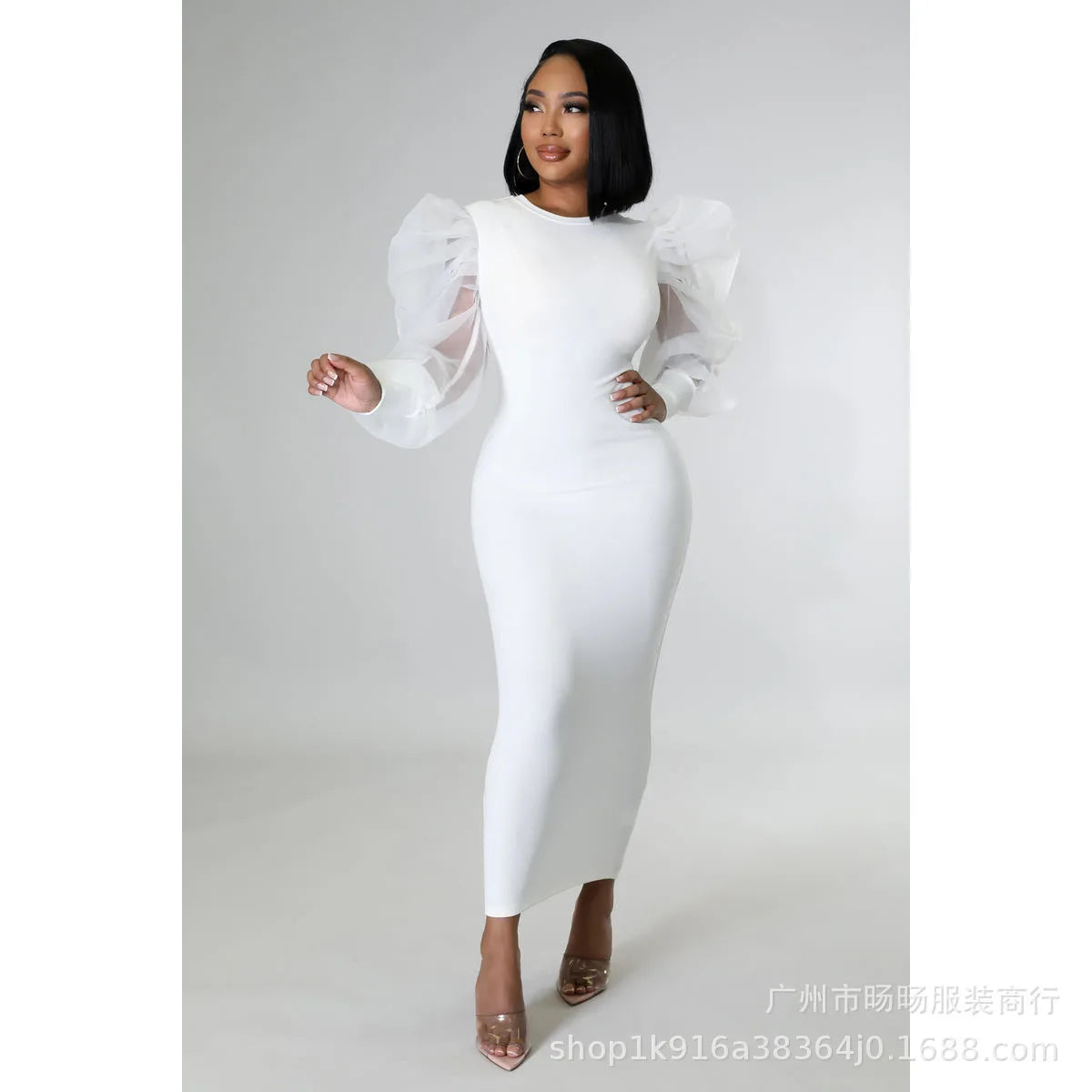 Women White Long Dress Lace Lantern Full Sleeve Round Neck A Line Dresses Elegant Ladies Splice Skirts Autumn Formal Vestidos