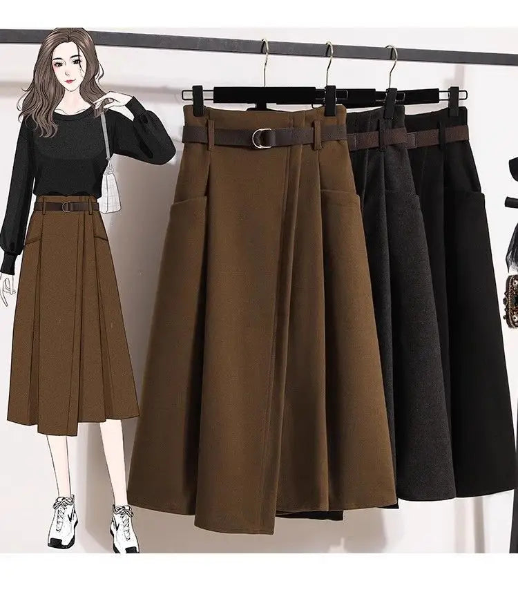 High Waisted Black Wool Midi Skirt With Pockets for Women