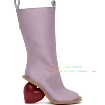 Black Leather Side Zip High Heart-Shaped Heel Knee High Boot Women Square Toe Double Pull-Tab Retro Long Boot for Ladies