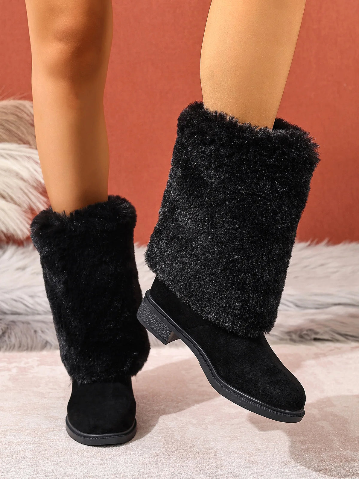 Plush Faux Fur Slip On Mid Calf Winter Snow Boots For Women